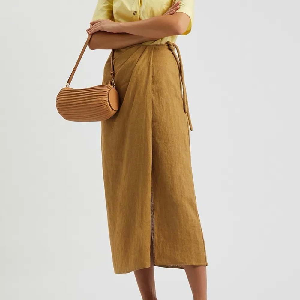 Nanushka Lea 100% Linen Wrap-Effect Midi Skirt in Camel Golden Yellow Medium